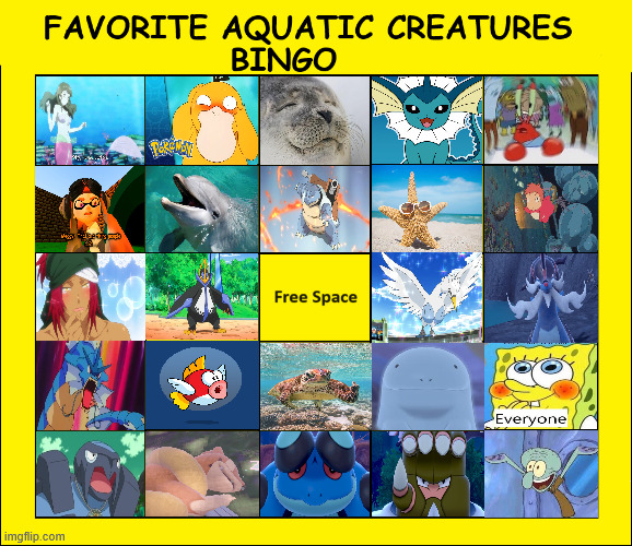 favorite aquatic creatures bingo | image tagged in favorite aquatic creatures bingo,aquarium,underwater,sea life,animals,media | made w/ Imgflip meme maker