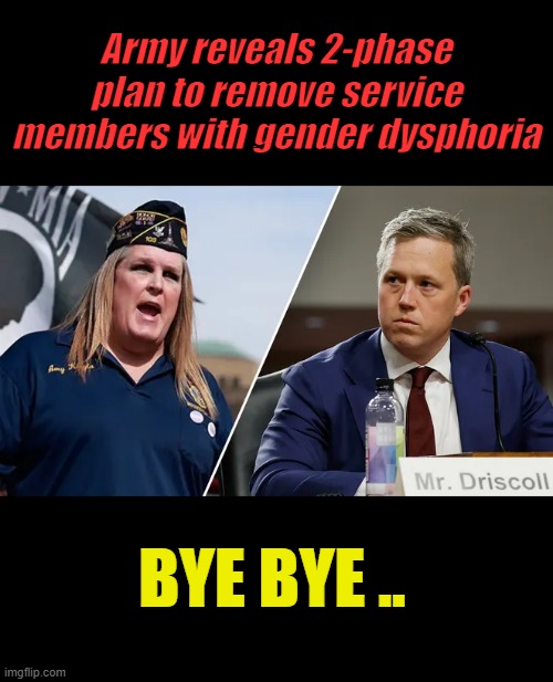 Army reveals 2-phase plan to remove service members with gender dysphoria; BYE BYE .. | made w/ Imgflip meme maker
