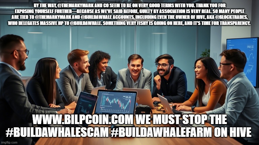 BY THE WAY, @THEMARKYMARK AND CO SEEM TO BE ON VERY GOOD TERMS WITH YOU. THANK YOU FOR EXPOSING YOURSELF FURTHER—BECAUSE AS WE’VE SAID BEFORE, GUILTY BY ASSOCIATION IS VERY REAL. SO MANY PEOPLE ARE TIED TO @THEMARKYMARK AND @BUILDAWHALE ACCOUNTS, INCLUDING EVEN THE OWNER OF HIVE, AKA @BLOCKTRADES, WHO DELEGATES MASSIVE HP TO @BUILDAWHALE. SOMETHING VERY FISHY IS GOING ON HERE, AND IT’S TIME FOR TRANSPARENCY. WWW.BILPCOIN.COM WE MUST STOP THE #BUILDAWHALESCAM #BUILDAWHALEFARM ON HIVE | made w/ Imgflip meme maker