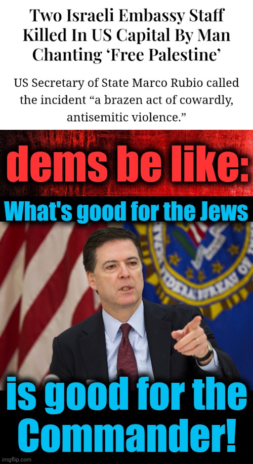 What's good for the goose is good for the gander | dems be like:; What's good for the Jews; is good for the
Commander! | image tagged in fbi director james comey,memes,antisemitism,democrats,murder,trump derangement syndrome | made w/ Imgflip meme maker