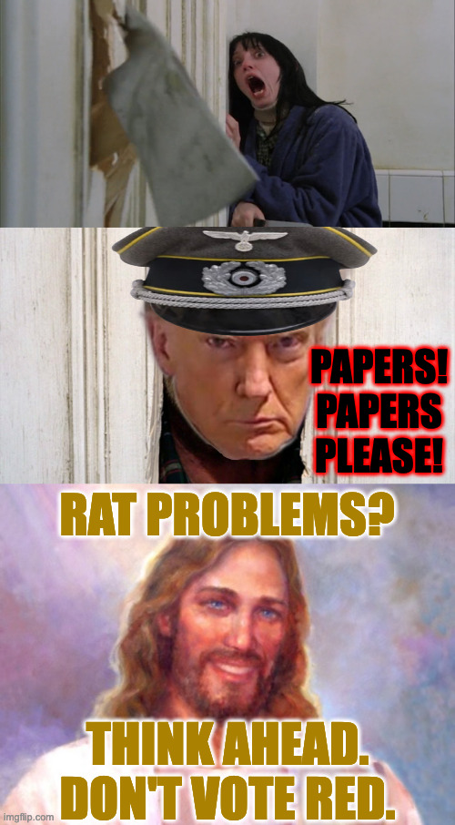 Think ahead. Don't vote red. | PAPERS! PAPERS PLEASE! RAT PROBLEMS? THINK AHEAD.
DON'T VOTE RED. | image tagged in jack torrance axe shining,memes,smiling jesus,rat problems,heeeere's donny | made w/ Imgflip meme maker