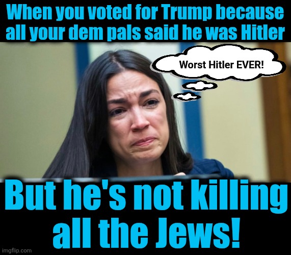 AOC was all mixed up | When you voted for Trump because all your dem pals said he was Hitler; Worst Hitler EVER! But he's not killing
all the Jews! | image tagged in aoc,jews,antisemitism,democrats,trump derangement syndrome,worst hitler ever | made w/ Imgflip meme maker