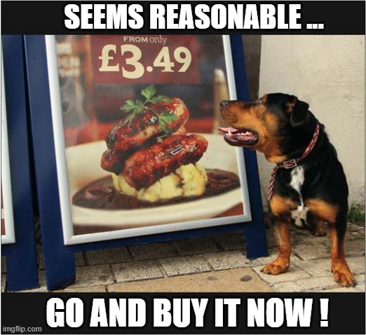Sausages ! | SEEMS REASONABLE ... GO AND BUY IT NOW ! | image tagged in dogs,sausages,buy it now | made w/ Imgflip meme maker
