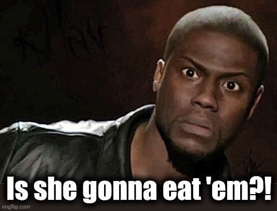 Kevin Hart Meme | Is she gonna eat 'em?! | image tagged in memes,kevin hart | made w/ Imgflip meme maker
