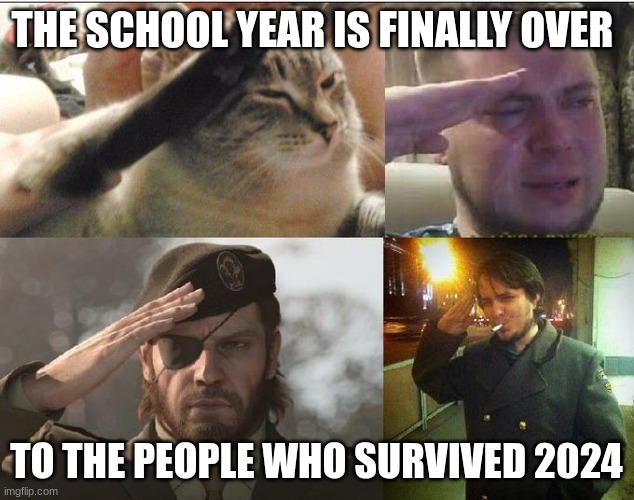 From the TikTok ban, to the pope dying, to the Minecraft movie and now the end of the year | THE SCHOOL YEAR IS FINALLY OVER; TO THE PEOPLE WHO SURVIVED 2024 | image tagged in ozon's salute,funny,2024,2025,relatable | made w/ Imgflip meme maker