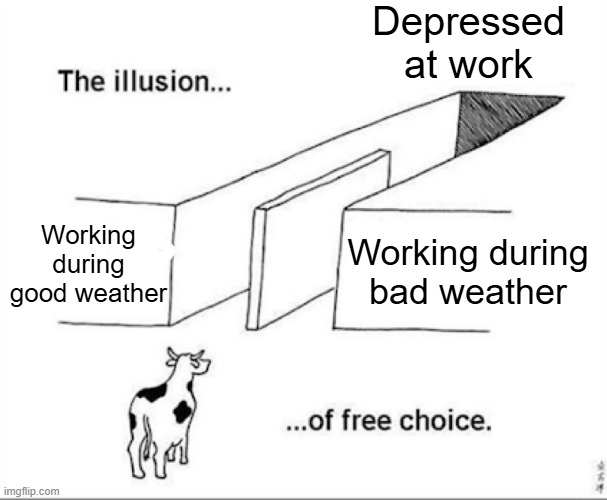 Illusion of free choice | Depressed at work; Working during good weather; Working during bad weather | image tagged in illusion of free choice | made w/ Imgflip meme maker