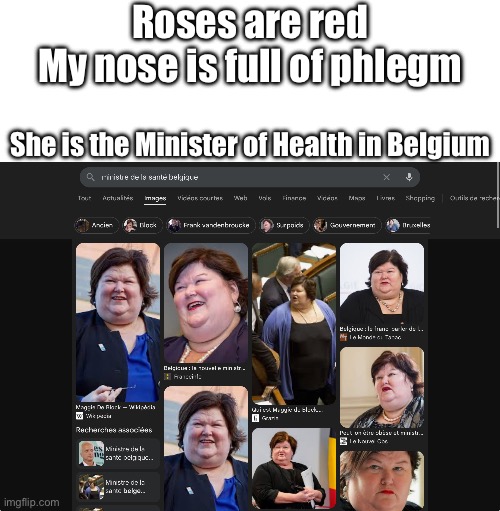 Yea... no hate, it's just... funny | Roses are red
My nose is full of phlegm; She is the Minister of Health in Belgium | image tagged in blank white template,belgium,roses are red | made w/ Imgflip meme maker