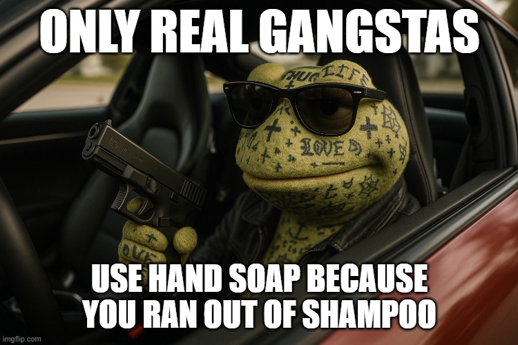 ONLY REAL GANGSTAS | USE HAND SOAP BECAUSE YOU RAN OUT OF SHAMPOO | image tagged in fun,new,new template | made w/ Imgflip meme maker