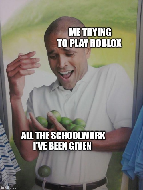 So much work | ME TRYING TO PLAY ROBLOX; ALL THE SCHOOLWORK I'VE BEEN GIVEN | image tagged in memes,why can't i hold all these limes,school,busy,lazy,roblox | made w/ Imgflip meme maker