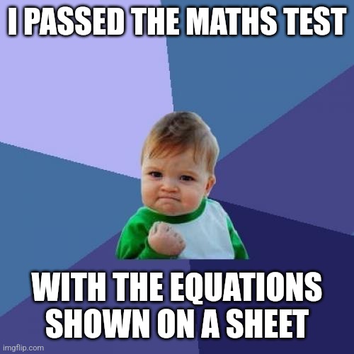Success Kid | I PASSED THE MATHS TEST; WITH THE EQUATIONS SHOWN ON A SHEET | image tagged in memes,maths,tests | made w/ Imgflip meme maker