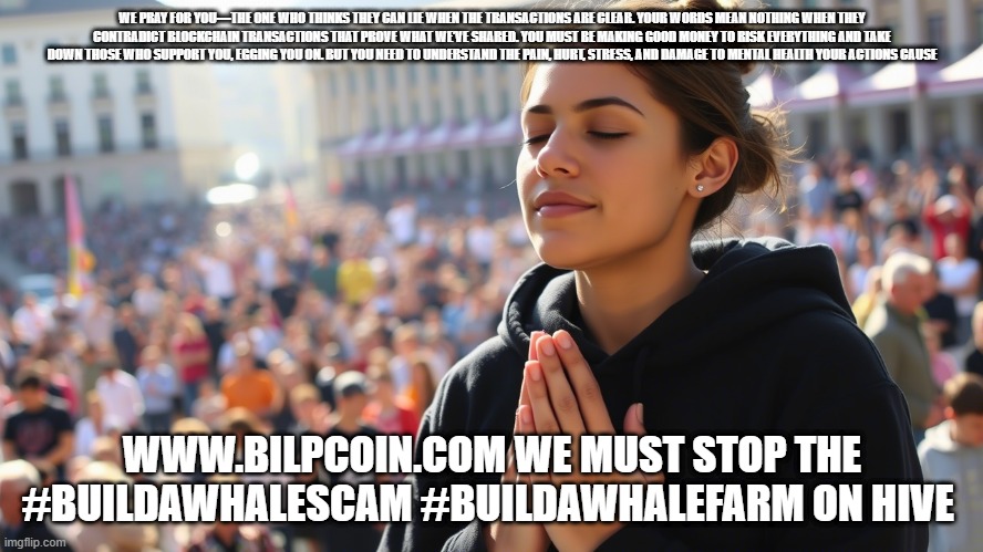 WE PRAY FOR YOU—THE ONE WHO THINKS THEY CAN LIE WHEN THE TRANSACTIONS ARE CLEAR. YOUR WORDS MEAN NOTHING WHEN THEY CONTRADICT BLOCKCHAIN TRANSACTIONS THAT PROVE WHAT WE’VE SHARED. YOU MUST BE MAKING GOOD MONEY TO RISK EVERYTHING AND TAKE DOWN THOSE WHO SUPPORT YOU, EGGING YOU ON. BUT YOU NEED TO UNDERSTAND THE PAIN, HURT, STRESS, AND DAMAGE TO MENTAL HEALTH YOUR ACTIONS CAUSE; WWW.BILPCOIN.COM WE MUST STOP THE #BUILDAWHALESCAM #BUILDAWHALEFARM ON HIVE | made w/ Imgflip meme maker