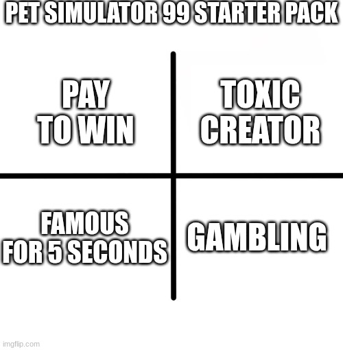 Blank Starter Pack | PET SIMULATOR 99 STARTER PACK; TOXIC CREATOR; PAY TO WIN; FAMOUS FOR 5 SECONDS; GAMBLING | image tagged in memes,blank starter pack | made w/ Imgflip meme maker