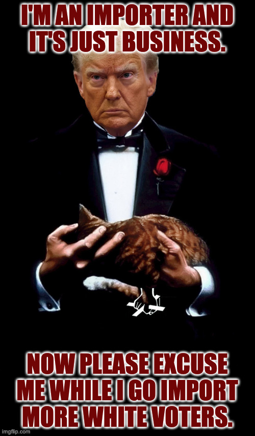 Trump as Godfather | I'M AN IMPORTER AND
IT'S JUST BUSINESS. NOW PLEASE EXCUSE ME WHILE I GO IMPORT MORE WHITE VOTERS. | image tagged in trump as godfather | made w/ Imgflip meme maker
