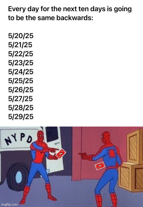 May Palindrome | image tagged in palindrome,may,2025,spiderman pointing at spiderman,uno reverse card | made w/ Imgflip meme maker