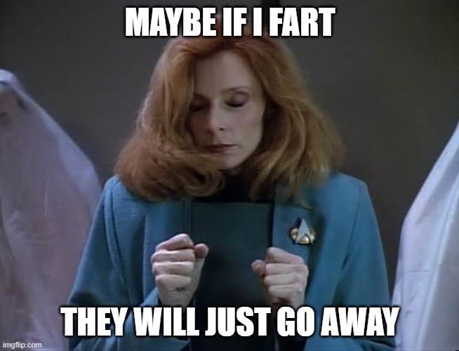 Go Away Bodies | MAYBE IF I FART; THEY WILL JUST GO AWAY | image tagged in dr crusher go away | made w/ Imgflip meme maker
