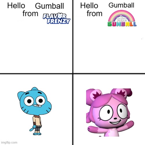 The 2 characters named Gumball meet | Gumball; Gumball | image tagged in hello person from | made w/ Imgflip meme maker