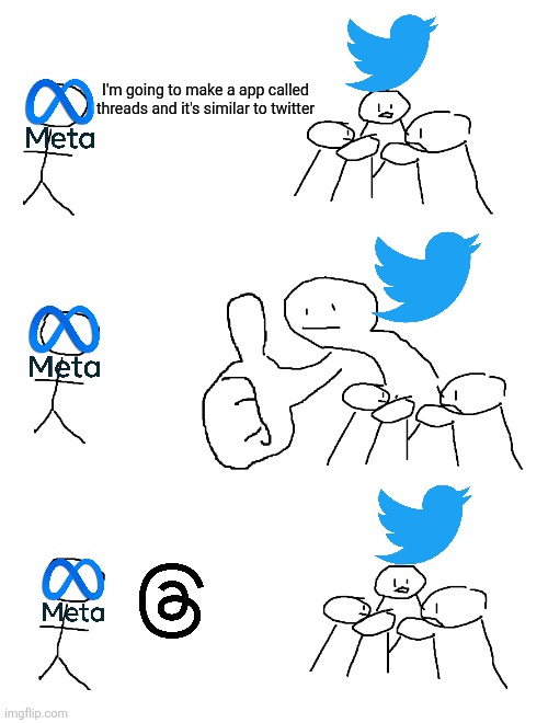 Threads though | I'm going to make a app called threads and it's similar to twitter | image tagged in giant thumb guy,threads,twitter | made w/ Imgflip meme maker