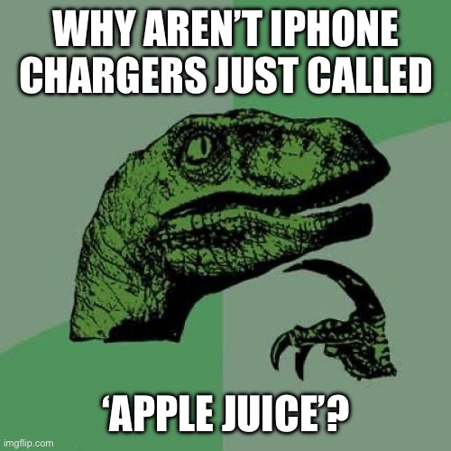 Why aren’t they? | WHY AREN’T IPHONE CHARGERS JUST CALLED; ‘APPLE JUICE’? | image tagged in memes,philosoraptor | made w/ Imgflip meme maker