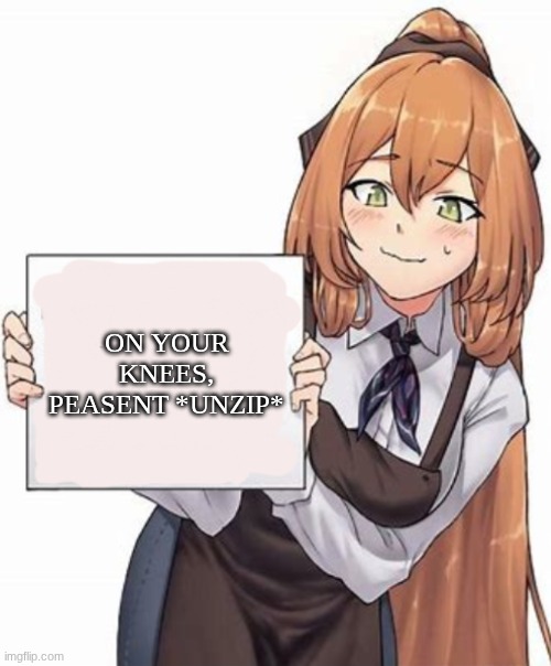 Anime girl with a sign | ON YOUR KNEES, PEASENT *UNZIP* | image tagged in anime girl with a sign | made w/ Imgflip meme maker
