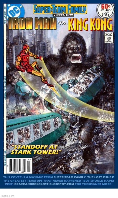 It’s looking stark in the big city, with the greatest ape of them all! | image tagged in comics,iron man,king kong,mashup | made w/ Imgflip meme maker