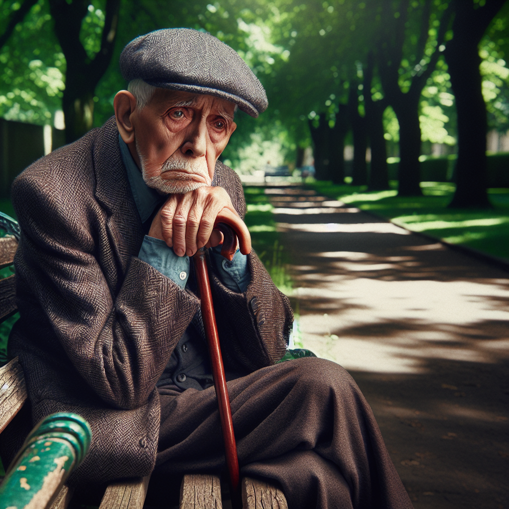 An elderly man sitting alone on a bench in the park, looking sad Blank Meme Template