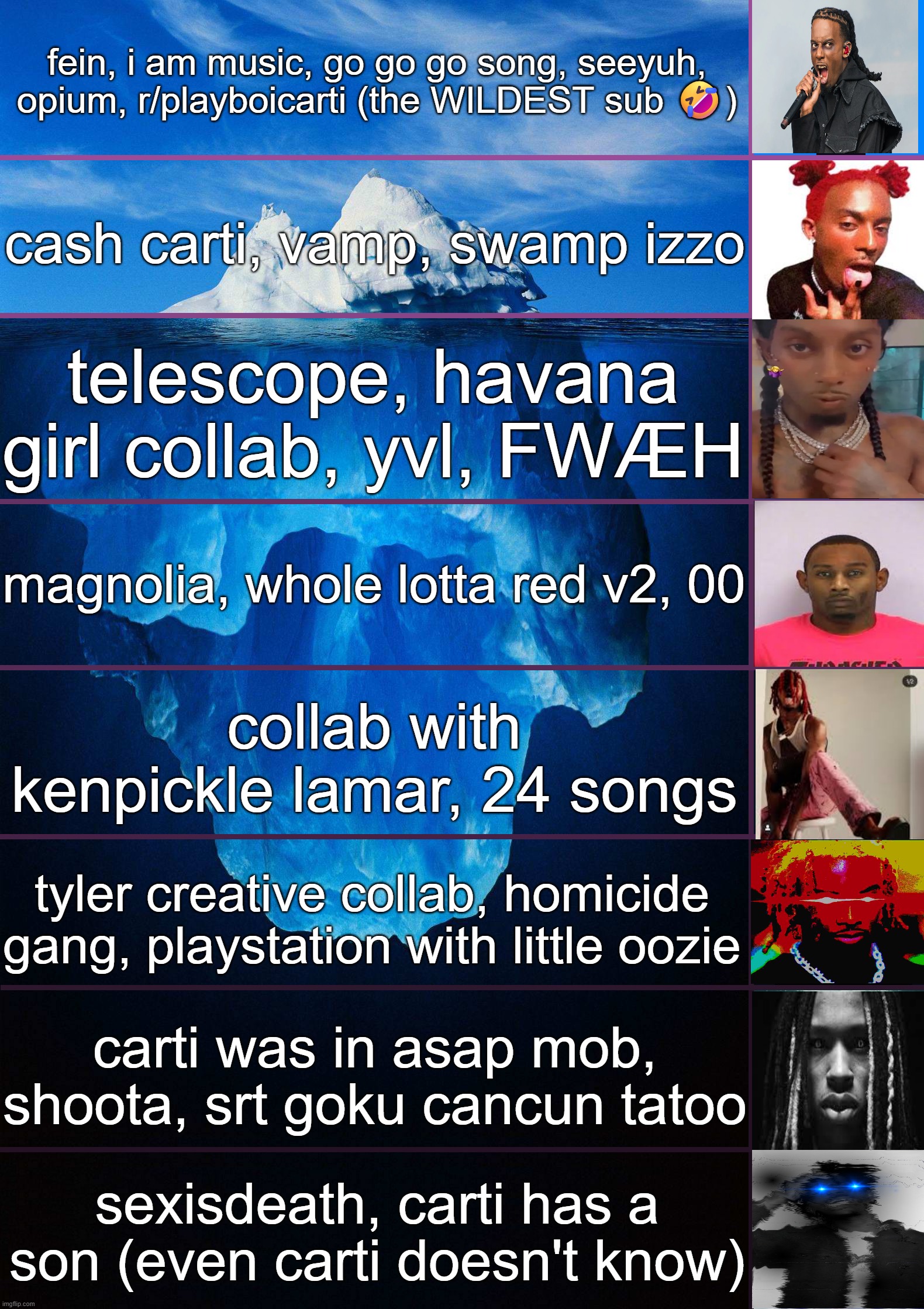 playboi carti iceberg | fein, i am music, go go go song, seeyuh, opium, r/playboicarti (the WILDEST sub 🤣); cash carti, vamp, swamp izzo; telescope, havana girl collab, yvl, FWÆH; magnolia, whole lotta red v2, 00; collab with kenpickle lamar, 24 songs; tyler creative collab, homicide gang, playstation with little oozie; carti was in asap mob, shoota, srt goku cancun tatoo; sexisdeath, carti has a son (even carti doesn't know) | image tagged in iceberg levels tiers | made w/ Imgflip meme maker