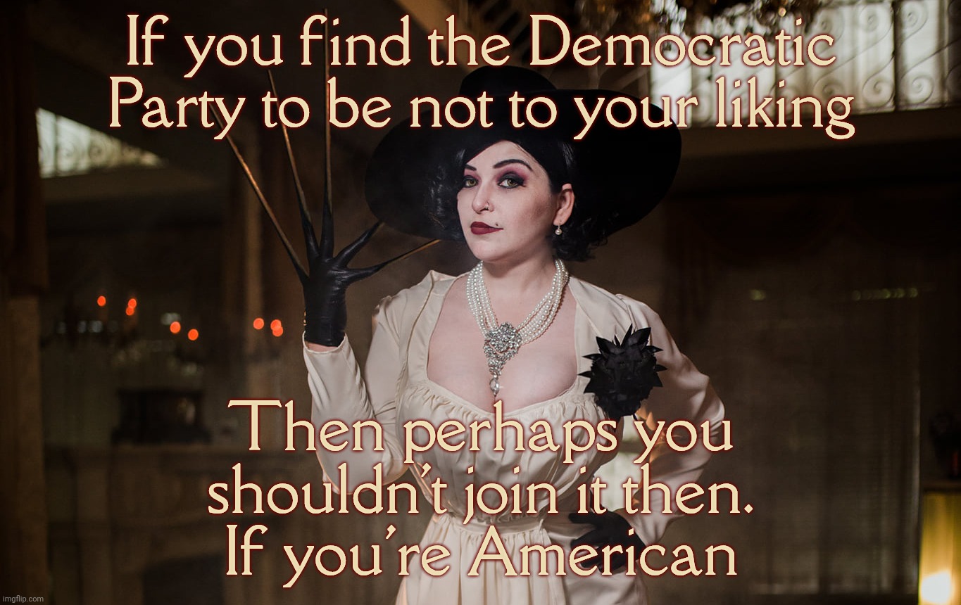Lady Dimitrescu | If you find the Democratic Party to be not to your liking Then perhaps you shouldn't join it then.
If you're American | image tagged in lady dimitrescu | made w/ Imgflip meme maker