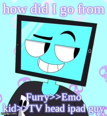 the evolution is crazy | how did I go from; Furry>>Emo kid>>TV head ipad guy | image tagged in icyxd smirking template | made w/ Imgflip meme maker