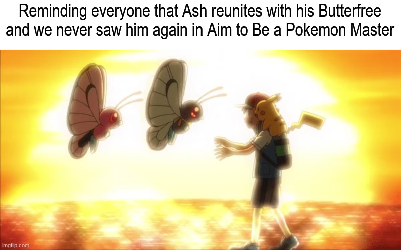 Pokemon reminder | Reminding everyone that Ash reunites with his Butterfree and we never saw him again in Aim to Be a Pokemon Master | image tagged in memes,funny,pokemon,anime | made w/ Imgflip meme maker