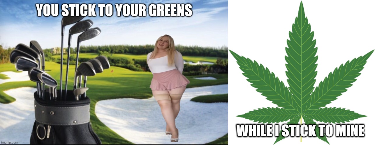 YOU STICK TO YOUR GREENS; WHILE I STICK TO MINE | image tagged in golf clubs,cannabis | made w/ Imgflip meme maker