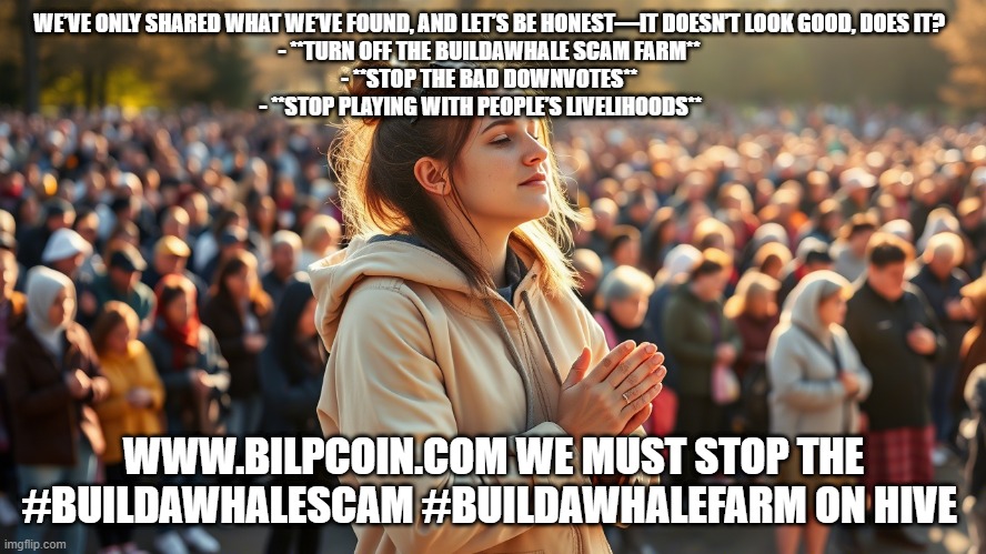 WE’VE ONLY SHARED WHAT WE’VE FOUND, AND LET’S BE HONEST—IT DOESN’T LOOK GOOD, DOES IT?  
- **TURN OFF THE BUILDAWHALE SCAM FARM**  
- **STOP THE BAD DOWNVOTES**  
- **STOP PLAYING WITH PEOPLE’S LIVELIHOODS**; WWW.BILPCOIN.COM WE MUST STOP THE #BUILDAWHALESCAM #BUILDAWHALEFARM ON HIVE | made w/ Imgflip meme maker