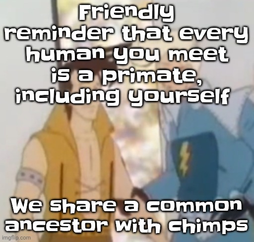 he-man ahh | Friendly reminder that every human you meet is a primate, including yourself; We share a common ancestor with chimps | image tagged in he-man ahh | made w/ Imgflip meme maker