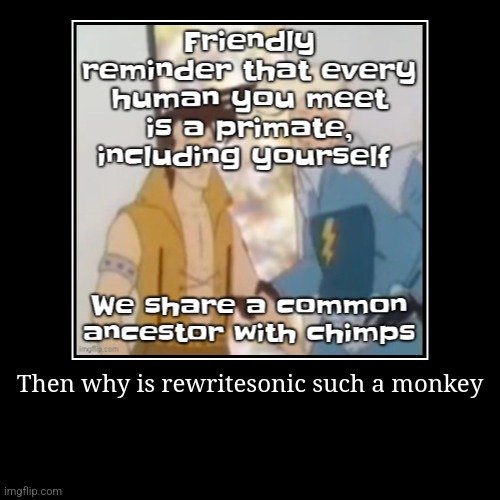 Then why is rewritesonic such a monkey | | image tagged in funny,demotivationals | made w/ Imgflip demotivational maker