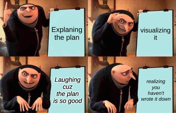 Gru's Plan | Explaning the plan; visualizing it; Laughing cuz the plan is so good; realizing you haven't wrote it down | image tagged in memes,gru's plan | made w/ Imgflip meme maker