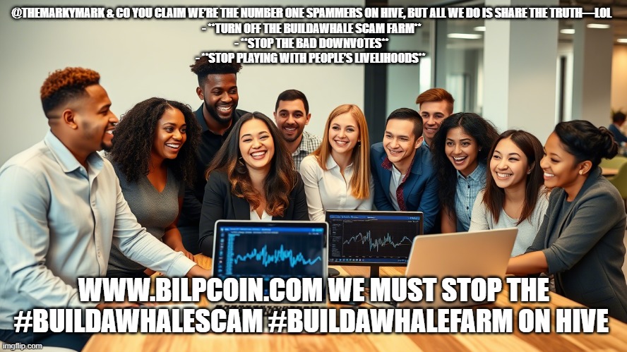 @THEMARKYMARK & CO YOU CLAIM WE’RE THE NUMBER ONE SPAMMERS ON HIVE, BUT ALL WE DO IS SHARE THE TRUTH—LOL  
- **TURN OFF THE BUILDAWHALE SCAM FARM**  
- **STOP THE BAD DOWNVOTES**  
- **STOP PLAYING WITH PEOPLE’S LIVELIHOODS**; WWW.BILPCOIN.COM WE MUST STOP THE #BUILDAWHALESCAM #BUILDAWHALEFARM ON HIVE | made w/ Imgflip meme maker