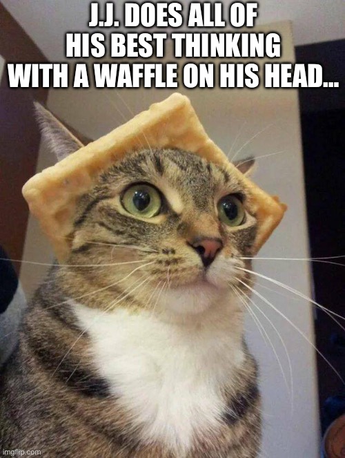 He’s come up with some great ideas with this method… | J.J. DOES ALL OF HIS BEST THINKING WITH A WAFFLE ON HIS HEAD… | image tagged in cats,waffles,best thinking | made w/ Imgflip meme maker