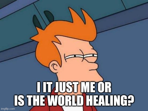 Futurama Fry | I IT JUST ME OR IS THE WORLD HEALING? | image tagged in memes,futurama fry | made w/ Imgflip meme maker
