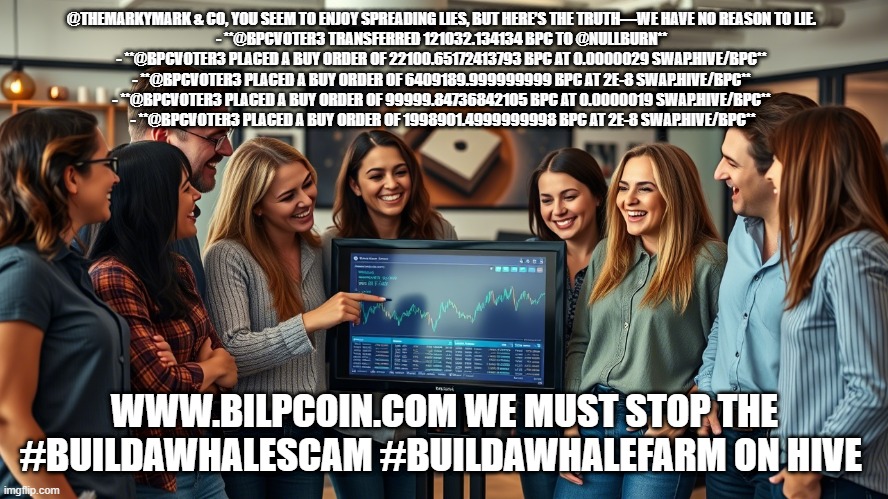 @THEMARKYMARK & CO, YOU SEEM TO ENJOY SPREADING LIES, BUT HERE’S THE TRUTH—WE HAVE NO REASON TO LIE.  

- **@BPCVOTER3 TRANSFERRED 121032.134134 BPC TO @NULLBURN**  
- **@BPCVOTER3 PLACED A BUY ORDER OF 22100.65172413793 BPC AT 0.0000029 SWAP.HIVE/BPC**  
- **@BPCVOTER3 PLACED A BUY ORDER OF 6409189.999999999 BPC AT 2E-8 SWAP.HIVE/BPC**  
- **@BPCVOTER3 PLACED A BUY ORDER OF 99999.84736842105 BPC AT 0.0000019 SWAP.HIVE/BPC**  
- **@BPCVOTER3 PLACED A BUY ORDER OF 1998901.4999999998 BPC AT 2E-8 SWAP.HIVE/BPC**; WWW.BILPCOIN.COM WE MUST STOP THE #BUILDAWHALESCAM #BUILDAWHALEFARM ON HIVE | made w/ Imgflip meme maker