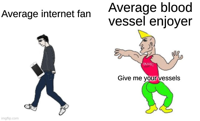 yeah | Average internet fan; Average blood vessel enjoyer; Give me your vessels | image tagged in virgin vs chad,phone,chad,vs,virgin | made w/ Imgflip meme maker