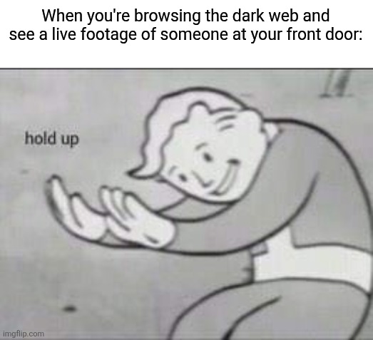 Fallout Hold Up | When you're browsing the dark web and see a live footage of someone at your front door: | image tagged in fallout hold up,hold up | made w/ Imgflip meme maker