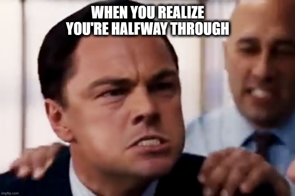 Wolf of Wall Street | WHEN YOU REALIZE YOU'RE HALFWAY THROUGH | image tagged in wolf of wall street | made w/ Imgflip meme maker