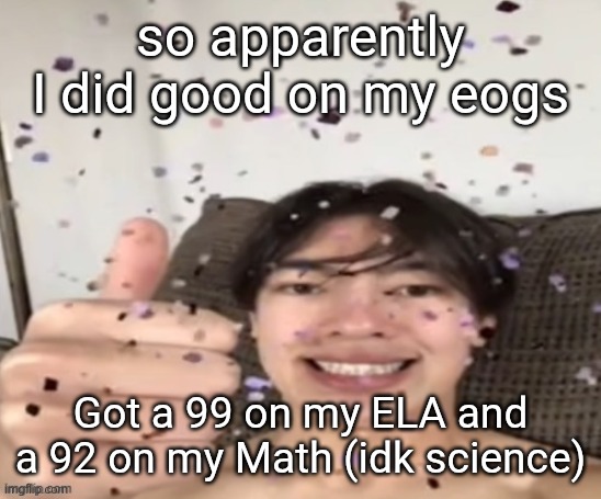 yay im not a failure | so apparently I did good on my eogs; Got a 99 on my ELA and a 92 on my Math (idk science) | image tagged in yippee | made w/ Imgflip meme maker