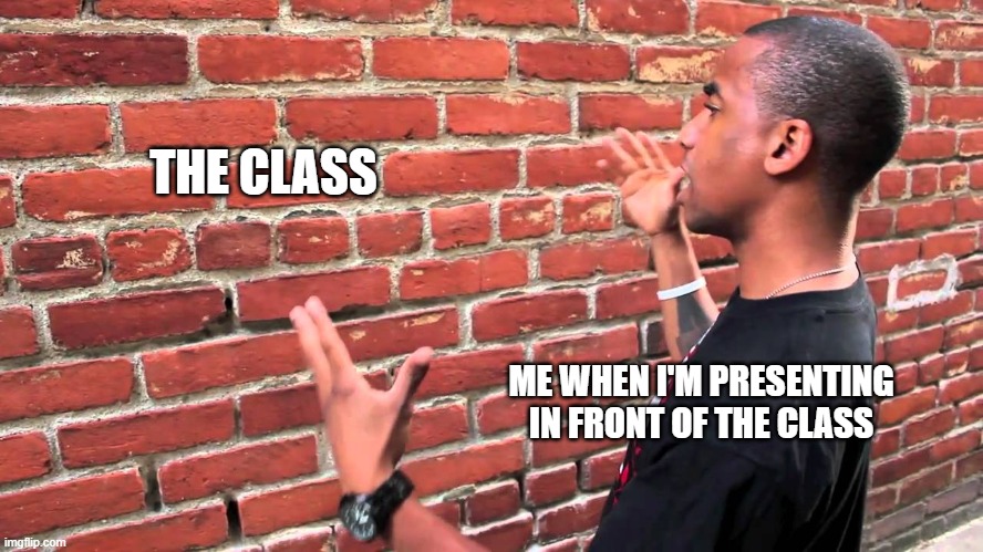 happened to me | THE CLASS; ME WHEN I'M PRESENTING IN FRONT OF THE CLASS | image tagged in talking to wall | made w/ Imgflip meme maker
