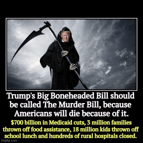 It's only a Big Beautiful Bill if you're a Billionaire. | Trump's Big Boneheaded Bill should 
be called The Murder Bill, because 
Americans will die because of it. | $700 billion in Medicaid cuts, 3 | image tagged in funny,demotivationals,trump,medicaid,food stamps,hospital | made w/ Imgflip demotivational maker