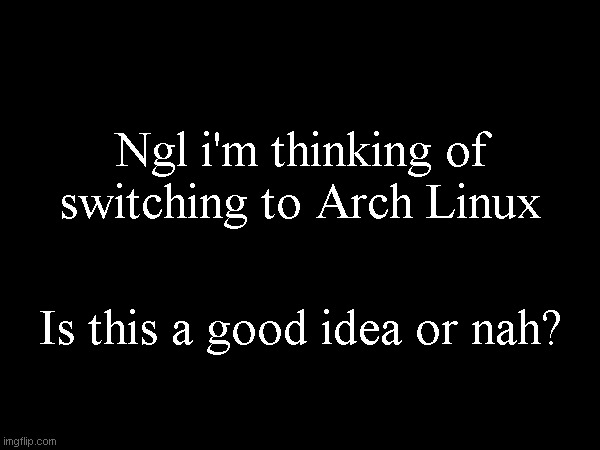 Ngl i'm thinking of switching to Arch Linux; Is this a good idea or nah? | made w/ Imgflip meme maker