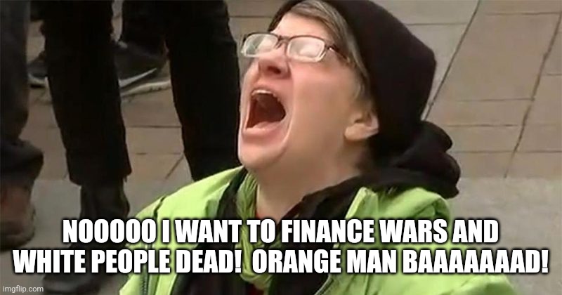 crying liberal | NOOOOO I WANT TO FINANCE WARS AND WHITE PEOPLE DEAD!  ORANGE MAN BAAAAAAAD! | image tagged in crying liberal | made w/ Imgflip meme maker