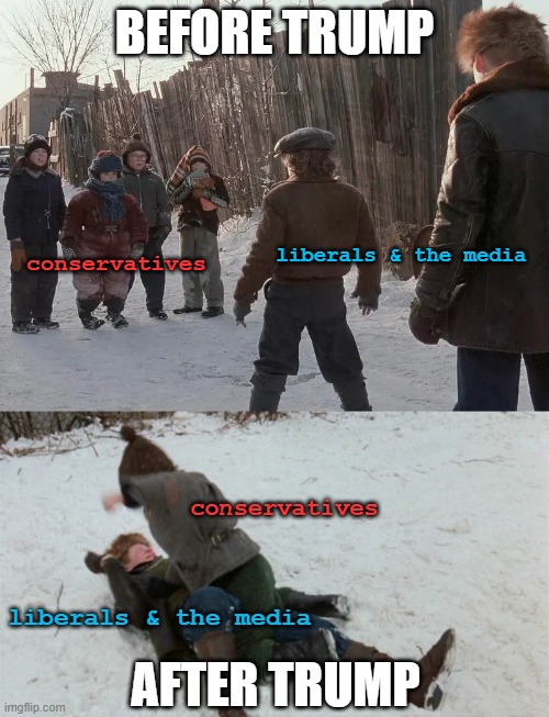 about time we fought back and quit getting pushed around. | BEFORE TRUMP; conservatives; liberals & the media; conservatives; liberals & the media; AFTER TRUMP | made w/ Imgflip meme maker