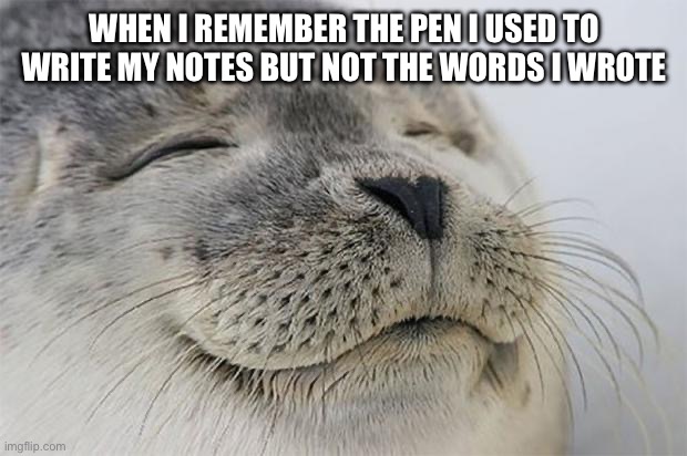 Satisfied Seal | WHEN I REMEMBER THE PEN I USED TO WRITE MY NOTES BUT NOT THE WORDS I WROTE | image tagged in memes,satisfied seal,studying,school,high school | made w/ Imgflip meme maker