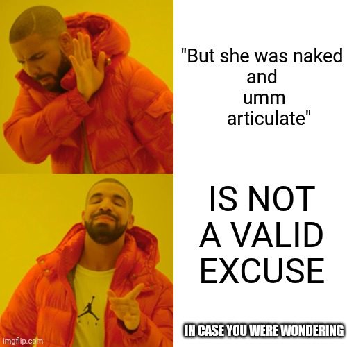 No Cheating! | "But she was naked
and
 umm
   articulate"; IS NOT A VALID EXCUSE; IN CASE YOU WERE WONDERING | image tagged in memes,drake hotline bling,hot babes,naked woman,sexy women,confused man | made w/ Imgflip meme maker