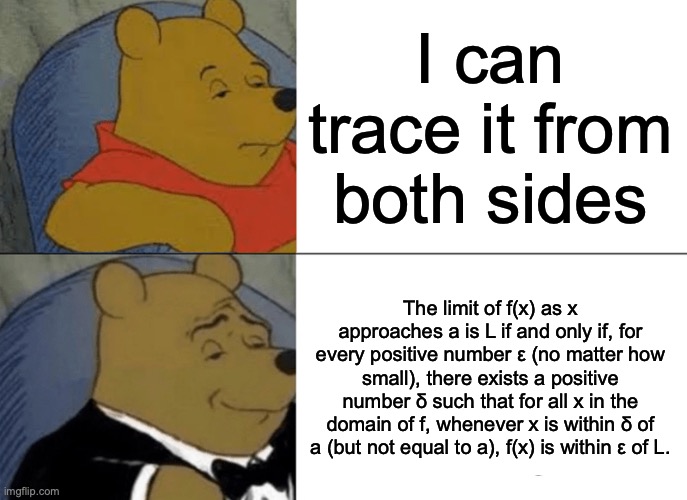 Tuxedo Winnie The Pooh | I can trace it from both sides; The limit of f(x) as x approaches a is L if and only if, for every positive number ε (no matter how small), there exists a positive number δ such that for all x in the domain of f, whenever x is within δ of a (but not equal to a), f(x) is within ε of L. | image tagged in memes,tuxedo winnie the pooh,calculus,math | made w/ Imgflip meme maker